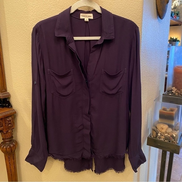 CLOTH & STONE Dark Navy Button Fringe Hem Long Sleeve Top Size Medium - Picture 1 of 8